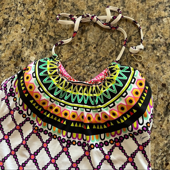 NWOT TRINA TURK Nuevo Sol Sz 4 Tankini Top White Pink Sunburst Mandala Tie Neck - Picture 3 of 12